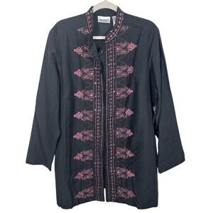NWT Womens Tunic 1X Black Silk Blend Purple Embroidered Floral Long Sleeve Units